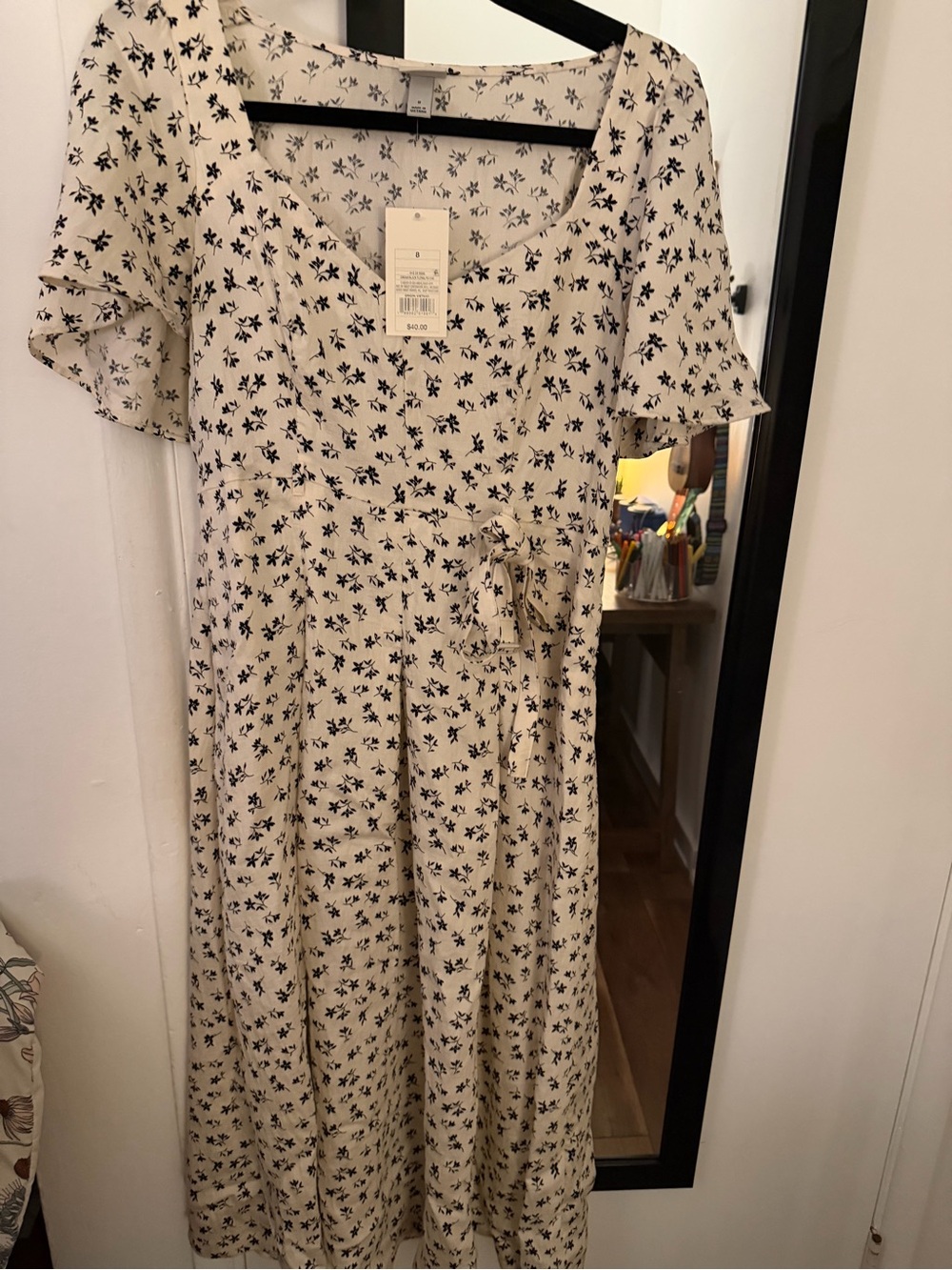 a new day Cream Dress with Black Floral Tie Waist